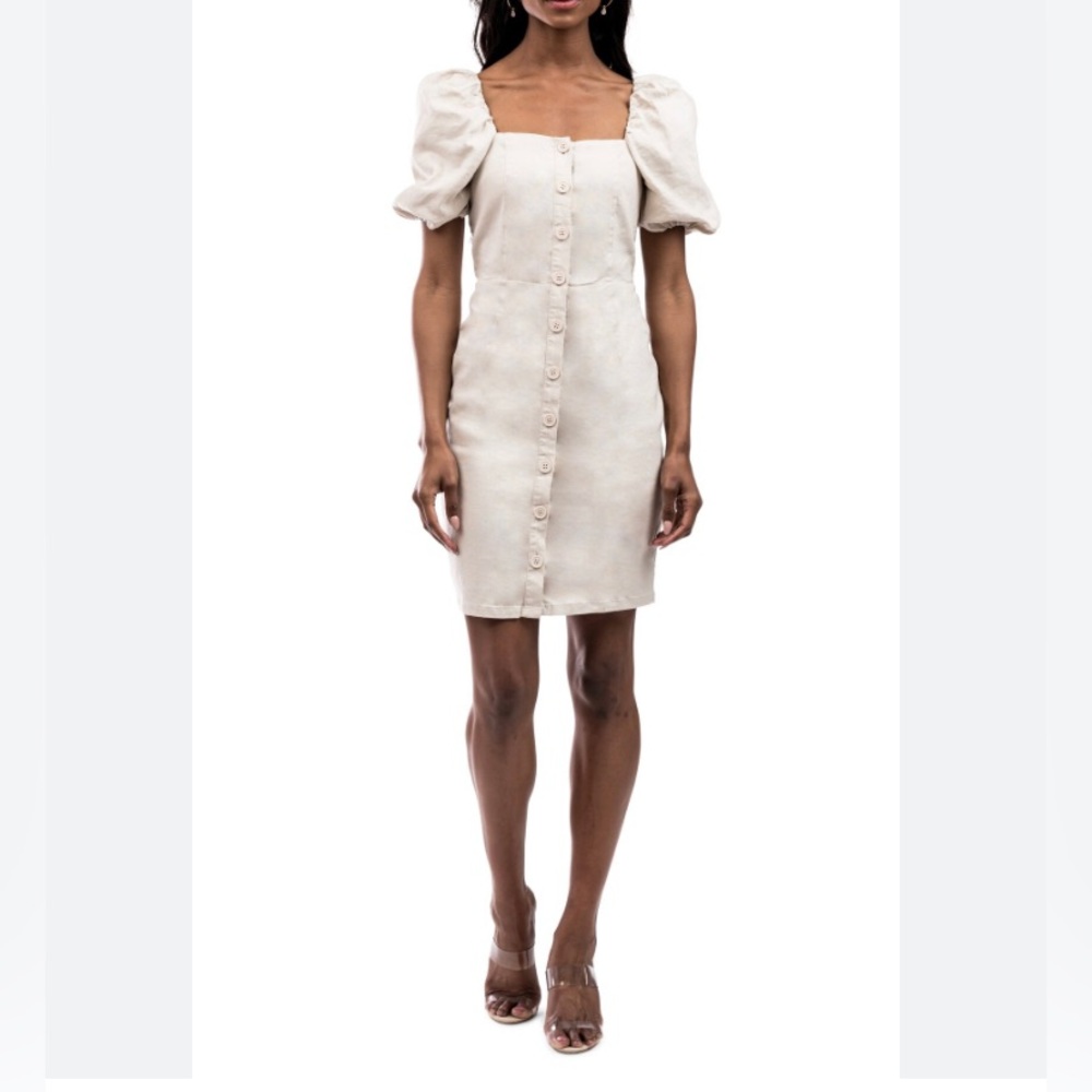 Rachel Parcell Square Neck Puff Sleeve Minidress - Cream Beige (L)